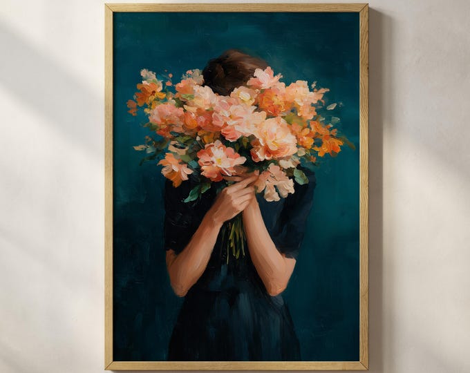 Moody Floral Portrait Oil Painting Print, Woman with Flowers Wall Art, Teal Room Decor, Fine Art Paper, Canvas, Framed Wall Art