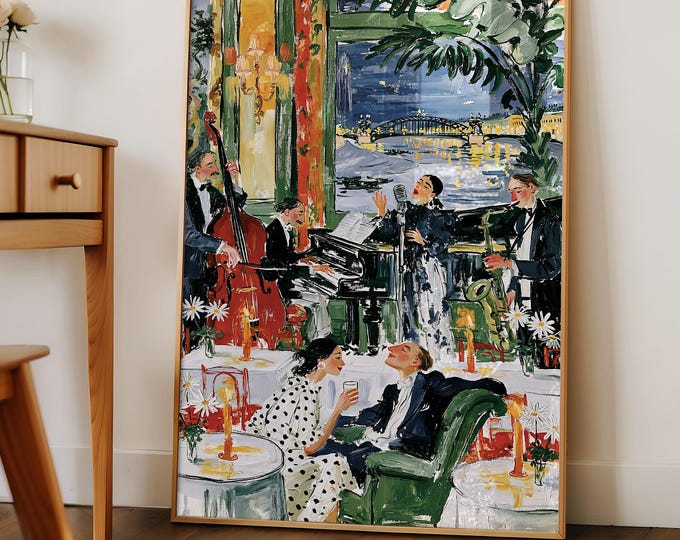 Matisse Inspired Jazz Club Wall Art, Paris Night Cafe Painting Print, French Music Lounge Decor, Colorful Fauvist Canvas Art