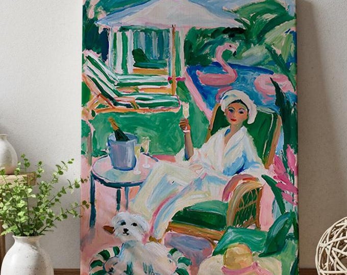 Poolside Fashion Wall Art Print, Chic Summer Resort Watercolor, Elegant Woman & Poodle Painting, Luxury Vacation Home Decor