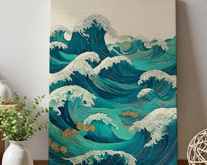 Japanese Woodblock Wave Print, Linocut Ocean Poster, Japandi Wall Art, Vintage Coastal Decor, Teal and Beige Sea Artwork, Nautical Art