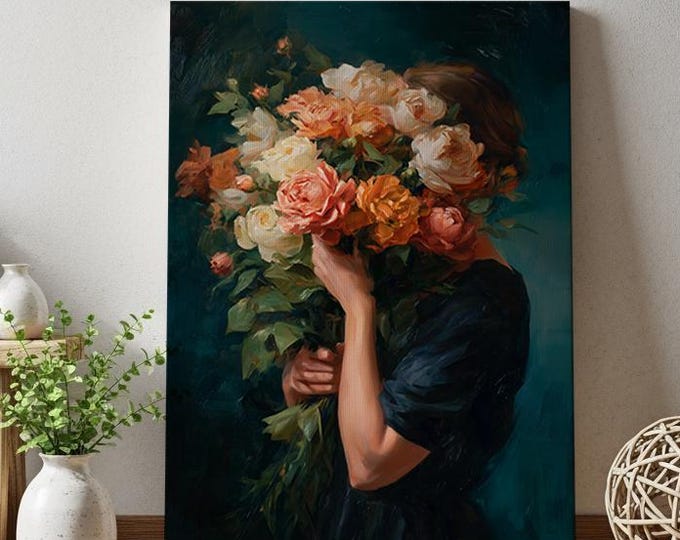 Moody Floral Portrait Oil Painting Print, Woman with Flowers Wall Art, Teal Room Decor, Fine Art Paper, Canvas, Framed Wall Art
