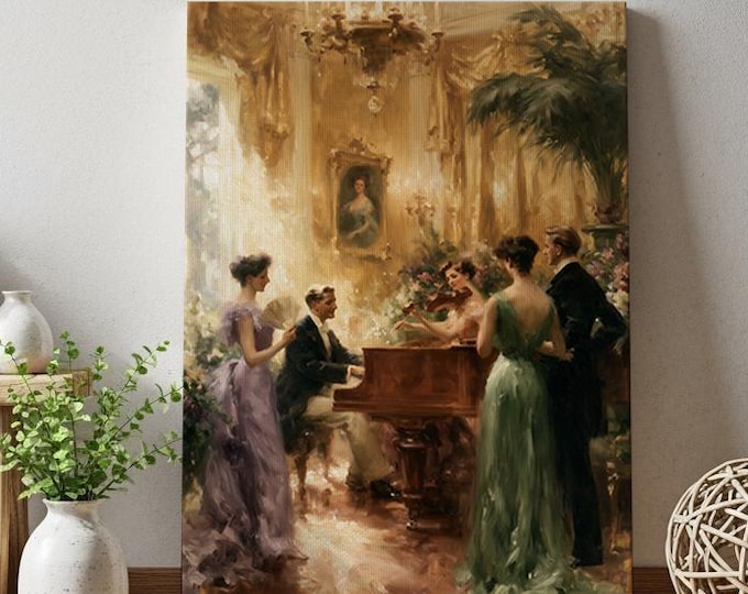 Elegant Piano Concert Wall Art Print, French Salon Painting, Classical Music Room Decor, Vintage European Interior Canvas Art