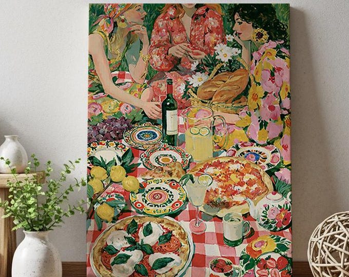 Best Friends Picnic Oil Painting Print, Mediterranean Food Wine Wall Art Print, Dolce Vita Artwork, Preppy Room Decor