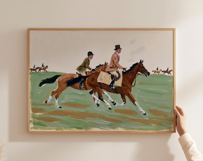 Horse Racing Wall Art Print, Equestrian Painting, Jockey Horse Race Art, Colorful Folk Art, Vintage Horse Decor, Country Farmhouse Wall Art