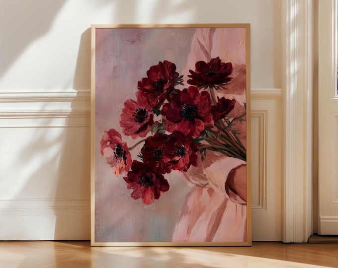 Red Anemone Oil Painting Print, Hand Holding Flowers Wall Art, Pink Aesthetic Floral Art,Impressionist Bouquet Decor, Moody Floral Art