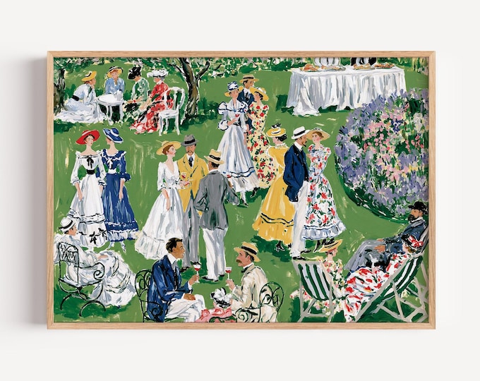 Garden Party Wall Art Print, Vintage Impressionist Picnic Painting, Old Money Decor, English Garden Canvas, Country Club Wall Art