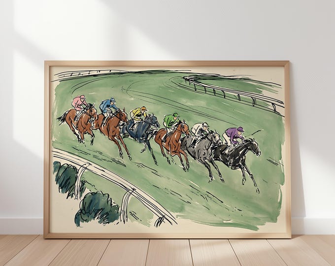 Horse Racing Wall Art Print, Kentucky Derby Equestrian Artwork, Vintage Racecourse Illustration, Derby Day Decor, Sporting Canvas