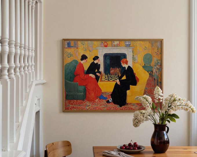 Women Playing Chess Painting, Post-Impressionist Art Print, Vintage Style Interior Decor, Yellow Room, Cozy Domestic Scene Wall Art