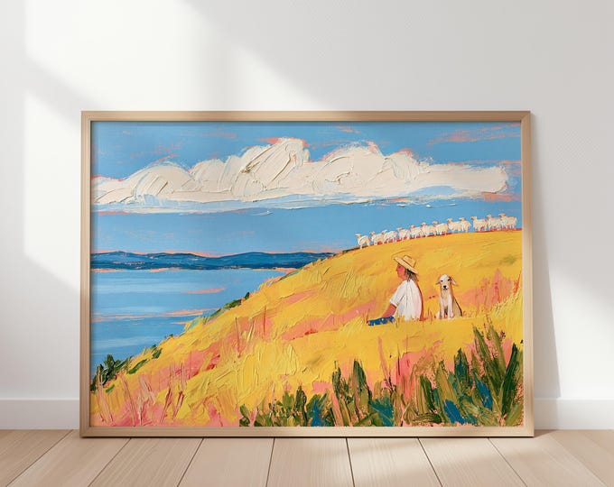 Pastoral Landscape Wall Art Print, Shepherd and Sheep Painting, Dog Countryside Art, Blue Lake Canvas, Farmhouse Country Wall Decor