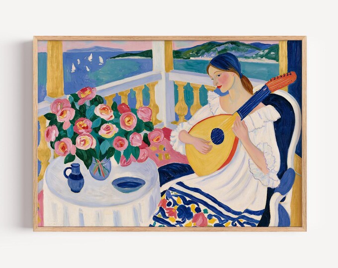 Woman Playing Guitar Wall Art, Mediterranean Coastal Print, Colorful Folk Art, Seaside Woman Painting, Vintage Inspired Decor