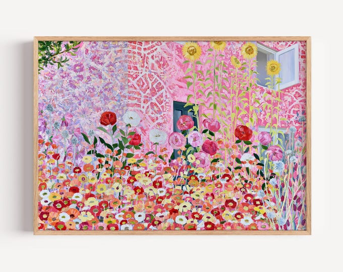 Pink House Wall Art Print, Hydrangea Flower Garden Painting, Cottage Garden Wall Decor, Impressionist Floral Canvas Art