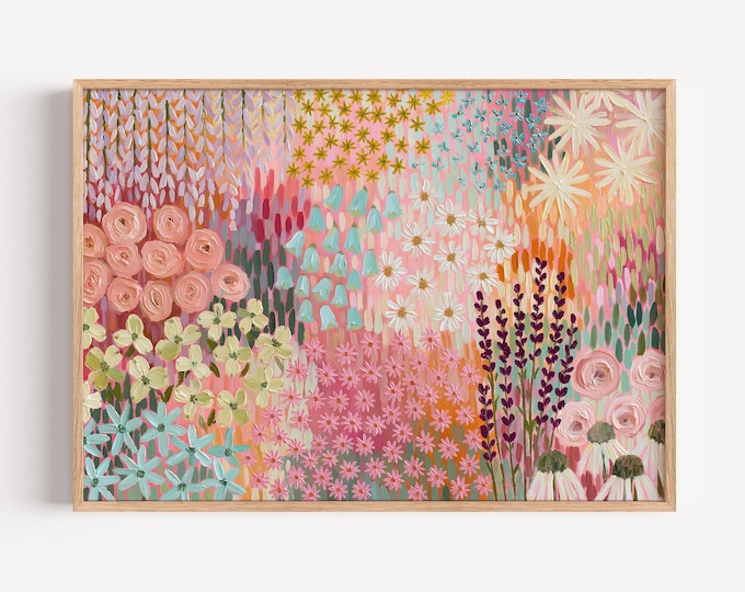 Colorful Floral Wall Art Print, Pastel Flower Garden Painting, Pink Botanical Art, Maximalist Wall Decor, Cottagecore Floral Print