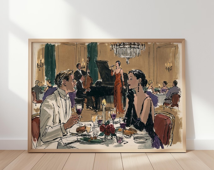 Vintage Jazz Club Wall Art Print, Elegant Restaurant Scene, Art Deco Cocktail Lounge, Old Money Decor, Piano Singer Canvas Art