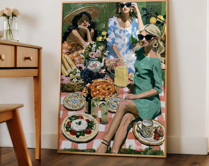 Best Friends Picnic Oil Painting Print, Mediterranean Food Wine Wall Art Print, Dolce Vita Artwork, Preppy Room Decor