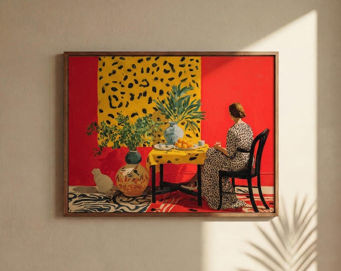 Fauvism Art Print, Woman in Leopard Dress, Maximalist Red Room Decor, Bold Colorful Painting, Boho Eclectic Wall Art, Trendy Illustration