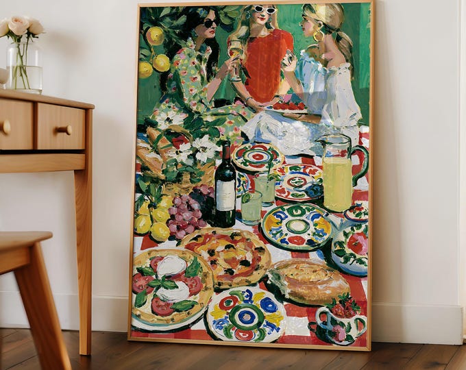 Best Friends Picnic Oil Painting Print, Mediterranean Food Wine Wall Art Print, Dolce Vita Artwork, Preppy Room Decor