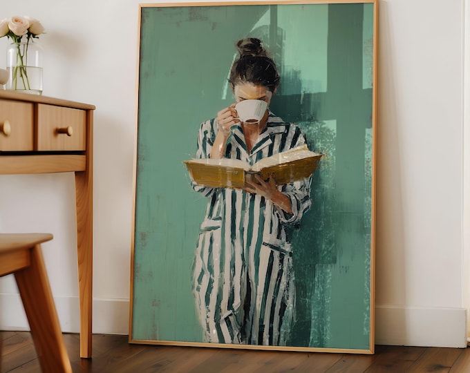 Green Oil Painting Print, Woman Reading Art, Vintage Style Wall Art, Cozy Aesthetic Canvas, Bedroom Decor, Soft Feminine Wall Decor