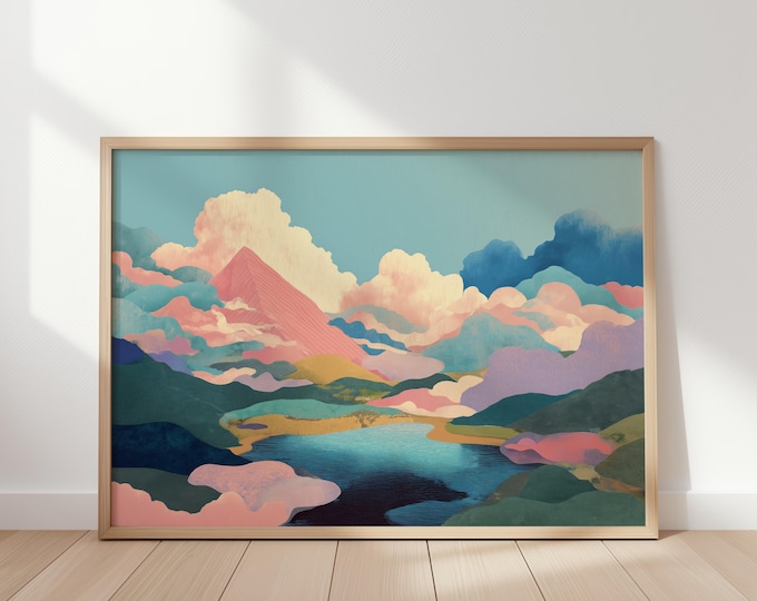 Pastel Abstract Mountain Landscape Wall Art Print, Dreamy Pink Clouds Framed Wall Art, Colorful Surreal Nature Canvas, Modern Boho Decor