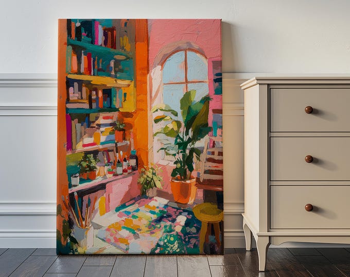 Impressionist Bookshelf Art, Textured Impasto Print, Sunlit Room with Plant Canvas, Colorful Eclectic Decor, Cozy Interior Wall Art