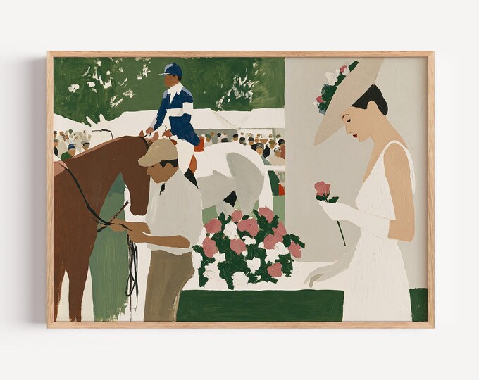 Horse Racing Wall Art Print, Equestrian Wall Decor, Derby Day Painting, Old Money Vintage Horse Canvas, Jockey Art, Country Club Decor
