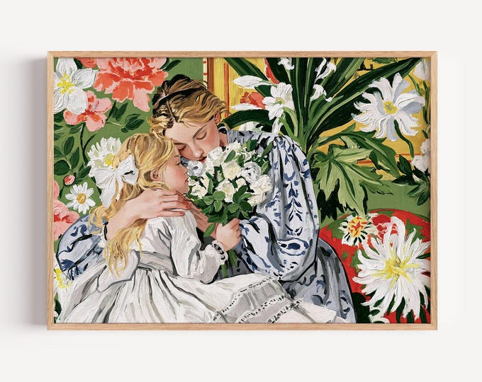 Mother Daughter Wall Art Print, Motherhood Oil Painting, Colorful Figurative Art, Mom & Child Portrait, Family Wall Decor, Mothers Day Gift