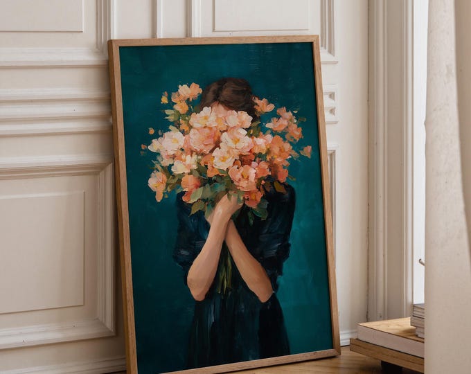 Moody Floral Portrait Oil Painting Print, Woman with Flowers Wall Art, Teal Room Decor, Fine Art Paper, Canvas, Framed Wall Art