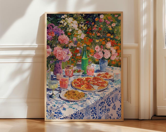 Pizza Pasta Oil Painting Print, Maximalist Kitchen Wall Art, Italian Dinner Print, Colorful Floral Garden Table Decor, Gift for Pizza Lover