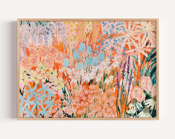 Colorful Floral Wall Art Print, Pastel Flower Garden Painting, Pink Botanical Art, Maximalist Wall Decor, Cottagecore Floral Print
