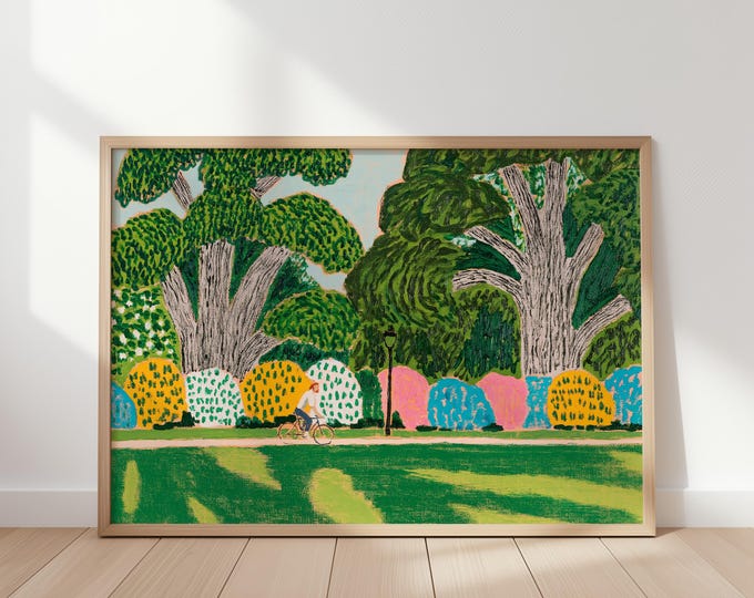 Whimsical Landscape Wall Art Print, Colorful Park Painting, Bicycle Art, Folk Art Landscape, Cottagecore Wall Decor, Nature Print
