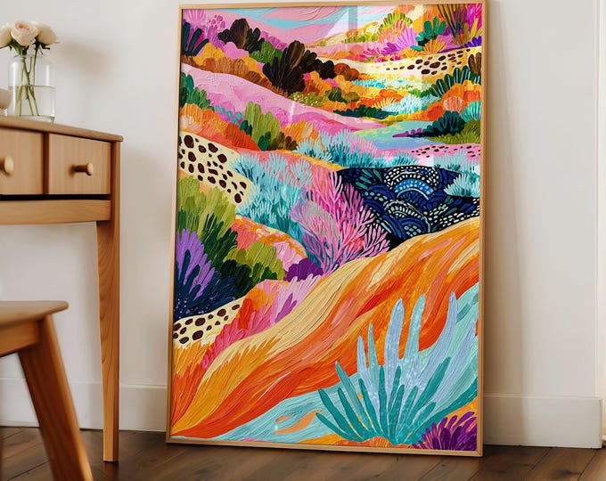 Colorful Abstract Landscape Wall Art Print, Maximalist Eclectic Home Decor, Funky Floral Painting, Vibrant Dopamine Artwork, Boho Arts