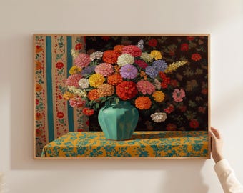 Maximalist Floral Oil Painting Print, Colorful Still Life Wall Art, Eclectic Preppy Decor, Teal Vase Flowers Framed Canvas