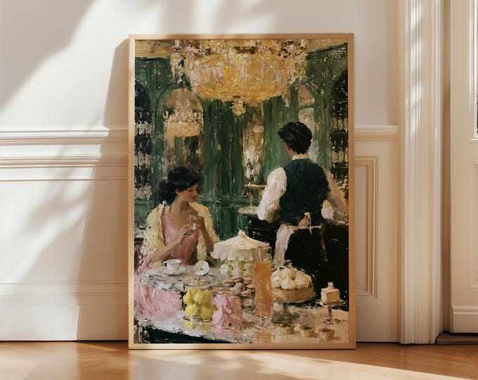 Luxury Paris Café Wall Art Print, Elegant Tea Room Canvas, French Patisserie Painting, Old Money Decor, Coffee Bar Wall Art