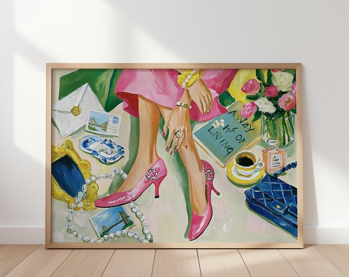 Preppy Wall Art Print, Chic Fashion Illustration, Pink Heels Painting, Feminine Room Decor, Coquette Aesthetic Art, Grandmillennial Decor
