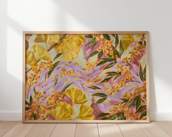 Ginkgo Leaf Wall Art Print, Abstract Botanical Painting, Modern Floral Canvas, Yellow Purple Nature Decor, Contemporary Living Room Art