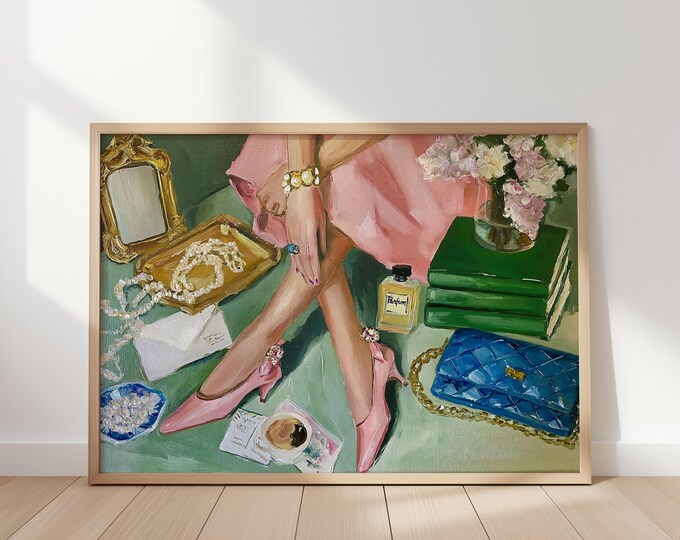 Preppy Wall Art Print, Chic Fashion Illustration, Pink Heels Painting, Feminine Room Decor, Coquette Aesthetic Art, Grandmillennial Decor