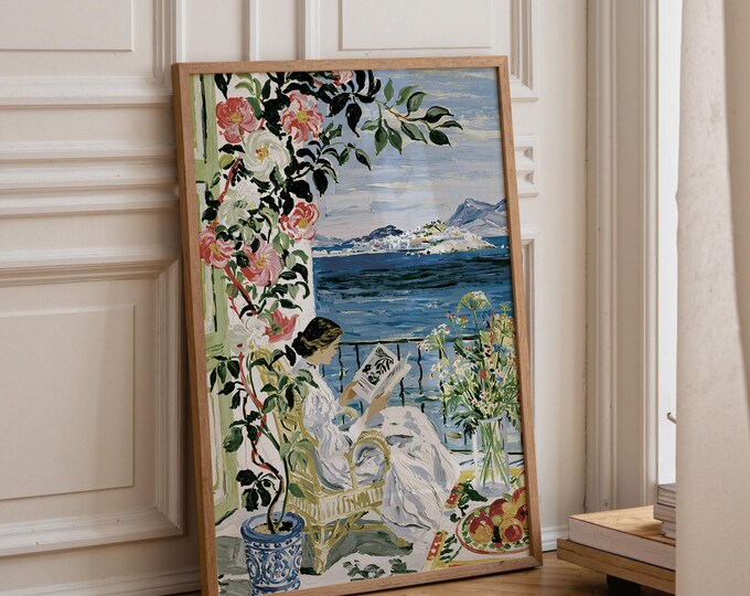 Woman on Balcony Wall Art Print, Coastal Seaside View with Roses and Sea, Serene Summer Reading Scene, Mediterranean Balcony Home Decor
