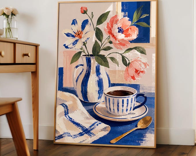 Chinoiserie Floral Still Life Oil Painting Print, Blue and White Vase Wall Art, Grandmillennial Preppy Decor, Framed Canvas