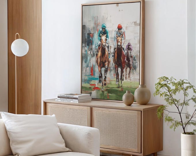 Abstract Horse Racing Wall Art, Modern Equestrian Painting, Colorful Jockey Race Print, Contemporary Sports Artwork