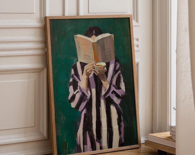 Green Oil Painting Print, Woman Reading Art, Vintage Style Wall Art, Cozy Aesthetic Canvas, Bedroom Decor, Soft Feminine Wall Decor