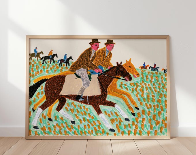 Horse Racing Wall Art Print, Equestrian Painting, Jockey Horse Race Art, Colorful Folk Art, Vintage Horse Decor, Country Farmhouse Wall Art