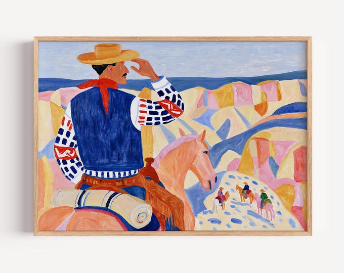Western Cowboy Wall Art Print, Horse Painting, Southwestern Art, Colorful Desert Landscape, Ranch Decor, Cowboy Art, Western Home Decor