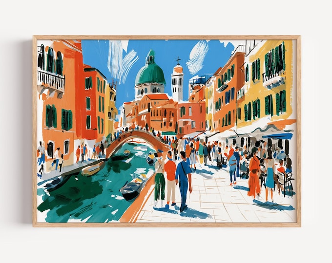 Venice Italy Wall Art Print, Colorful Canal Sketch, Venetian Street Painting, European Travel Decor, Mediterranean City Artwork