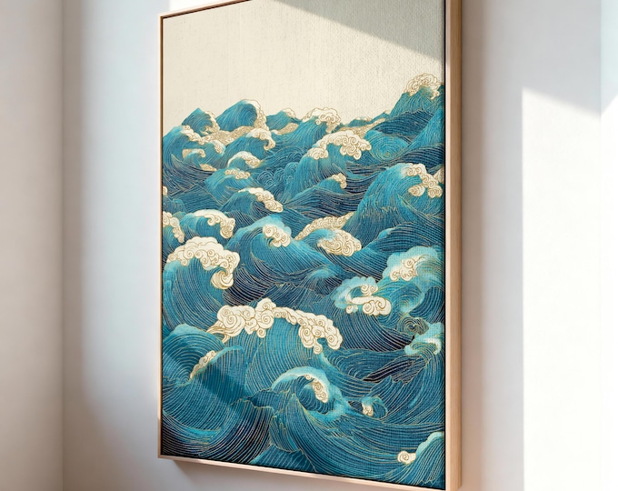 Japanese Woodblock Wave Print, Linocut Ocean Poster, Japandi Wall Art, Vintage Coastal Decor, Teal and Beige Sea Artwork, Nautical Art