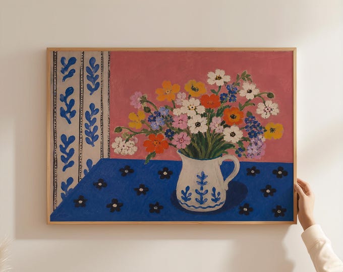 Colorful Floral Still Life Oil Painting Print, Matisse Inspired Pink and Blue Art, Maximalist Preppy Decor, Framed Canvas