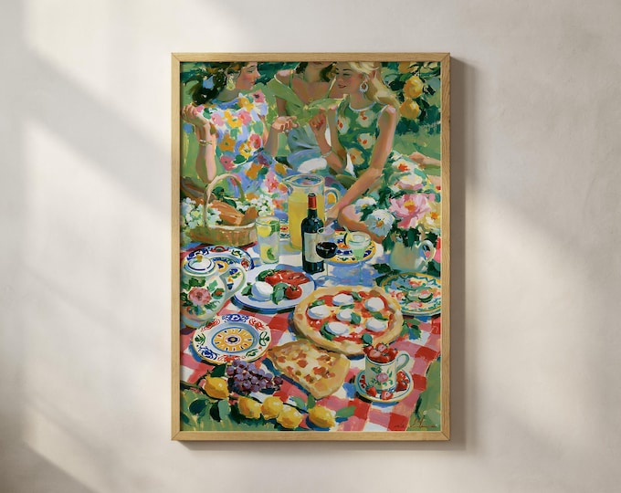 Best Friends Picnic Oil Painting Print, Mediterranean Food Wine Wall Art Print, Dolce Vita Artwork, Preppy Room Decor