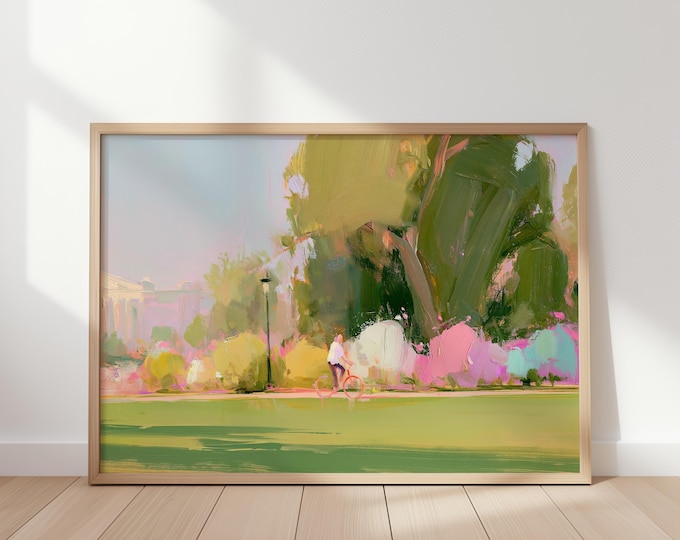 Whimsical Landscape Wall Art Print, Colorful Park Painting, Bicycle Art, Folk Art Landscape, Cottagecore Wall Decor, Nature Print