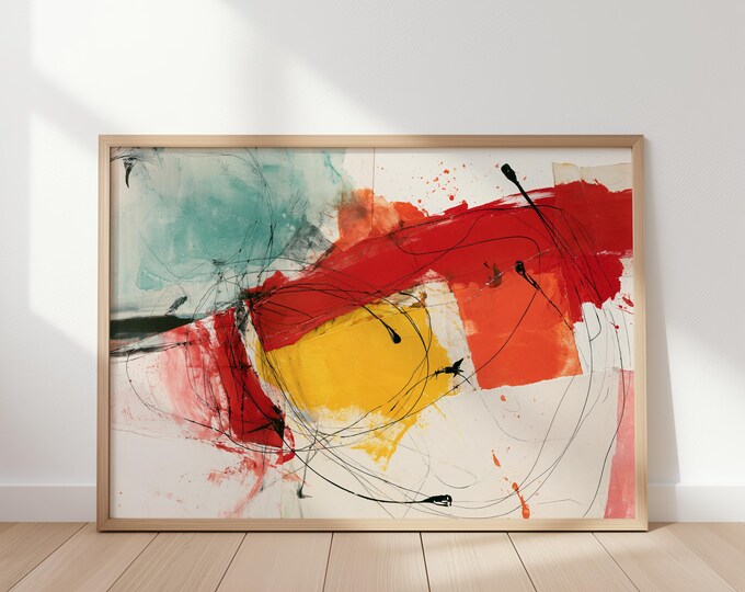 Abstract Wall Art Print, Red Yellow Abstract Painting, Modern Expressionist Art, Contemporary Wall Decor, Mid Century Modern Art