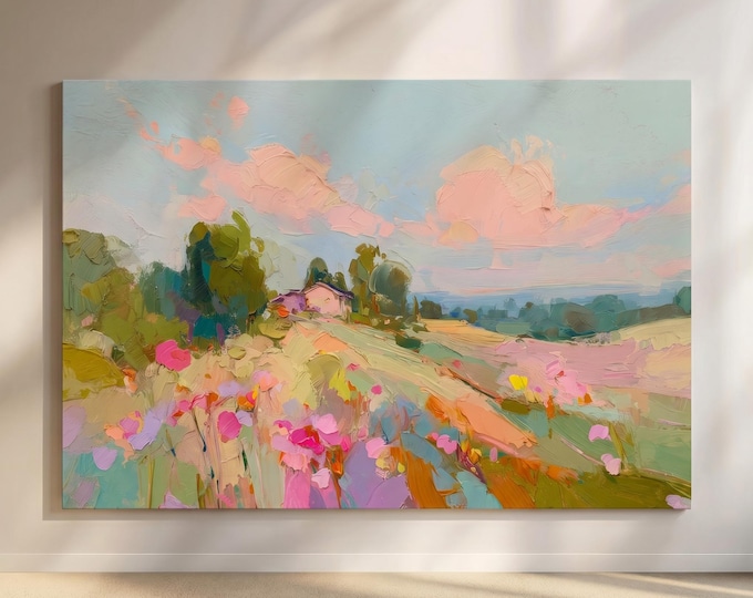 Pastel Landscape Wall Art Print, Colorful Abstract Oil Painting Print, French Country Cottage Decor, Spring Meadow Art, Floral Field Artwork