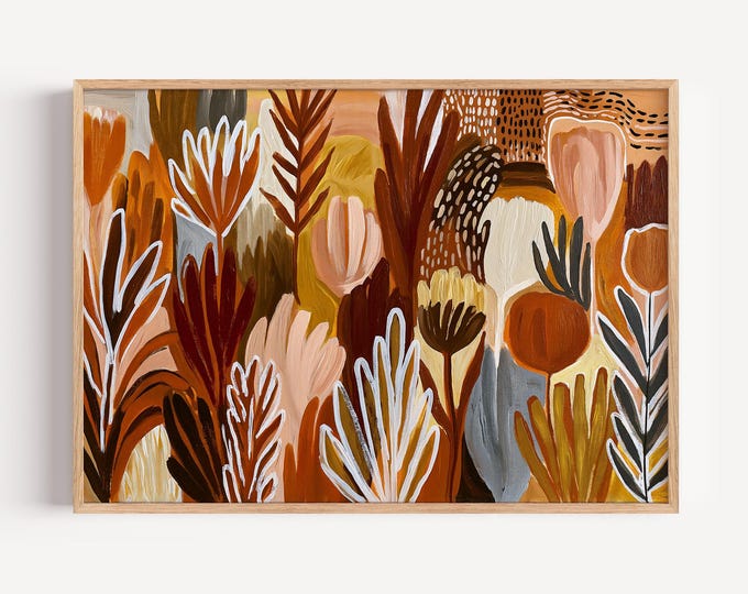 Colorful Abstract Botanical Wall Art Print, Maximalist Eclectic Decor, Vibrant Tropical Jungle Painting, Leopard Print Contemporary Art