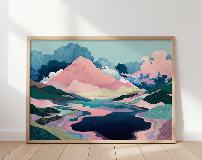 Pastel Abstract Mountain Landscape Wall Art Print, Dreamy Pink Clouds Framed Wall Art, Colorful Surreal Nature Canvas, Modern Boho Decor